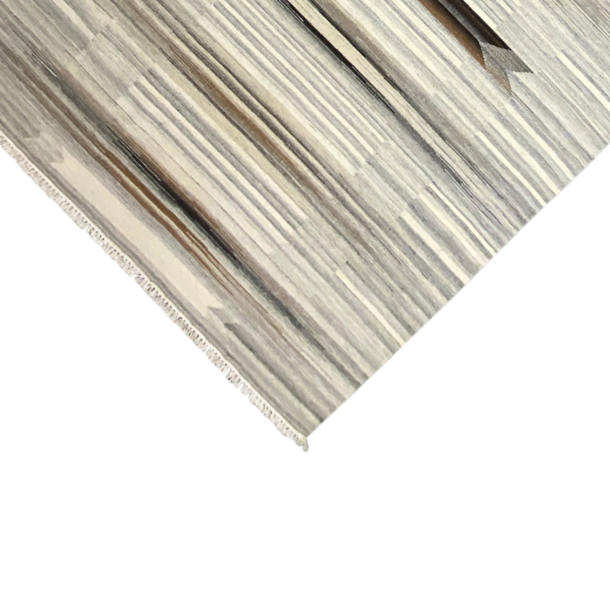 Corner area flatweave dhurrie rug with fringe and striped pattern in beige-gray