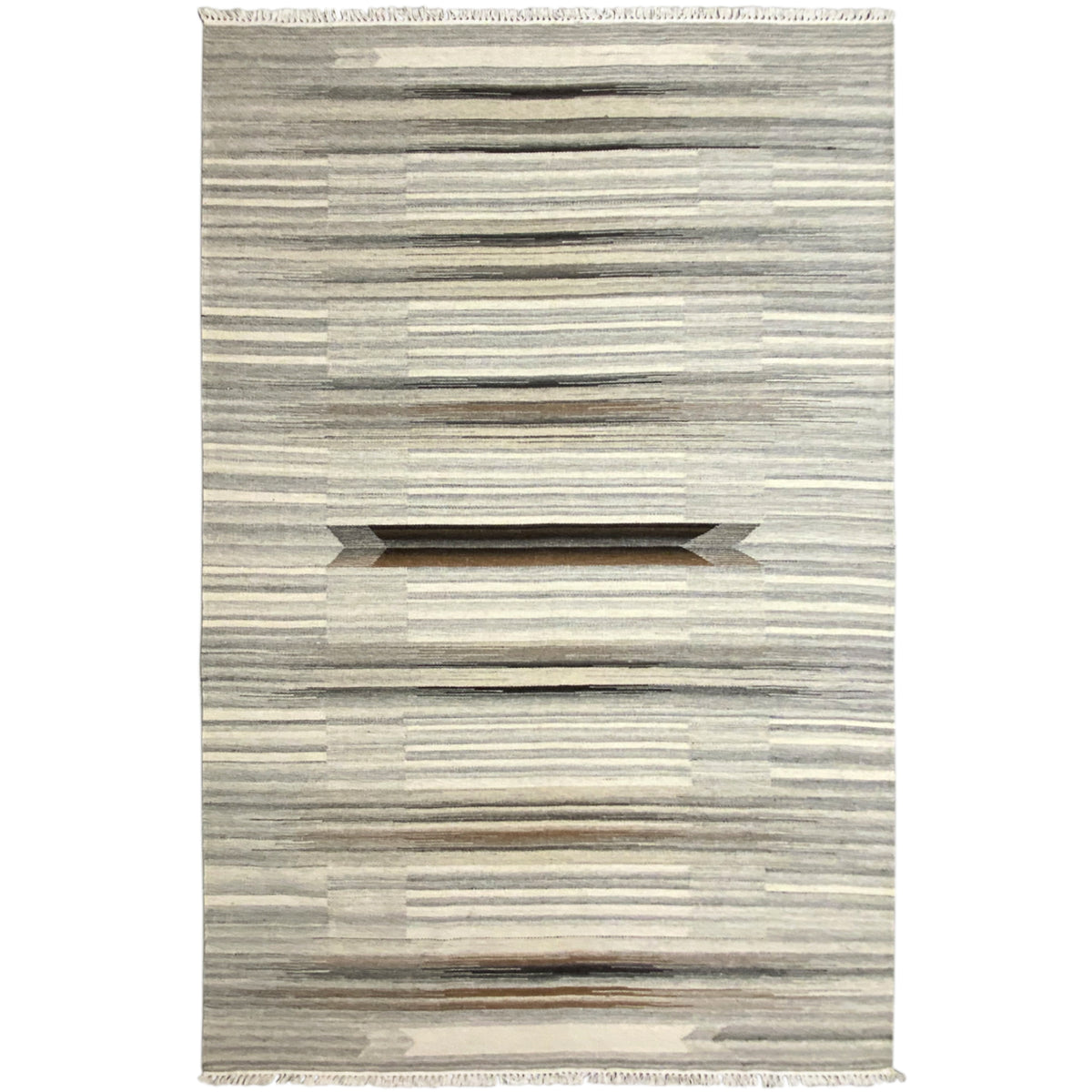 Rectangular beige-gray kilim dhurrie rug with multicolored stripes and fringes