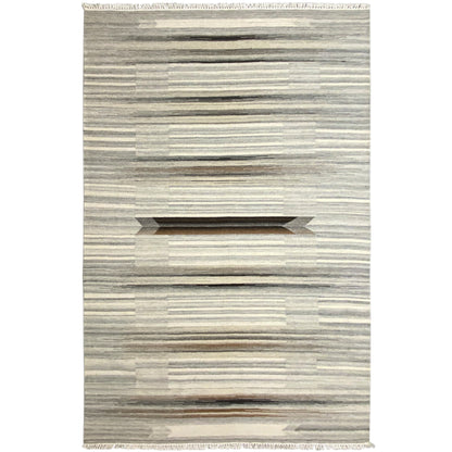 Rectangular beige-gray kilim dhurrie rug with multicolored stripes and fringes