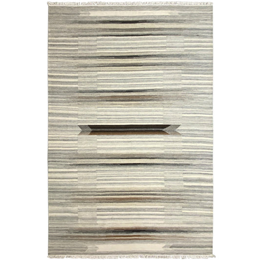 Rectangular beige-gray kilim dhurrie rug with multicolored stripes and fringes