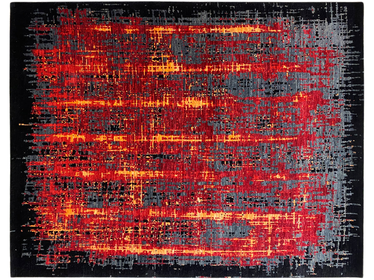 Moderner Teppich, abstraktes Raster in Schwarz, Rot und Grau mit orangefarbenen Highlights