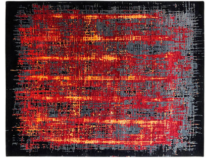 Moderner Teppich, abstraktes Raster in Schwarz, Rot und Grau mit orangefarbenen Highlights