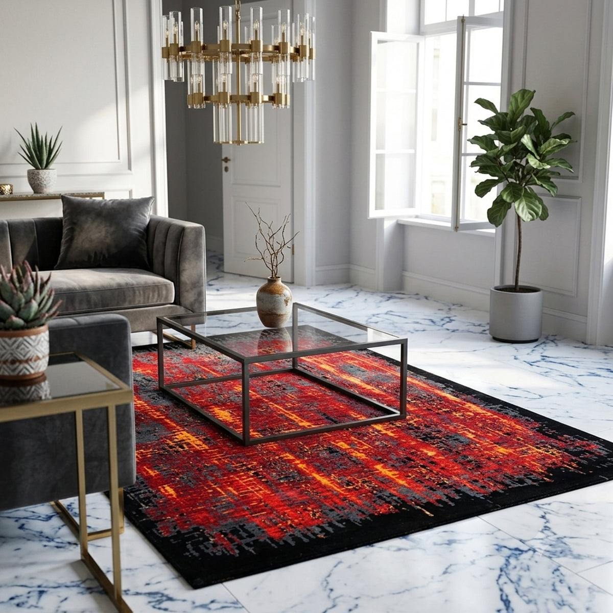 Rechteckiger moderner Teppich mit geometrischem Patchwork-Muster in Rot, Blau und Gelb