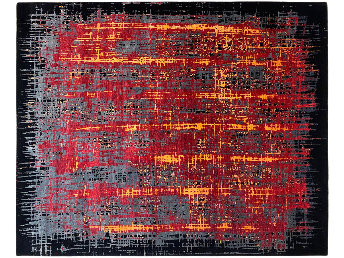 Moderner Teppich mit abstraktem Linien- und Rastermuster in Rot, Orange, Grau auf Schwarz.