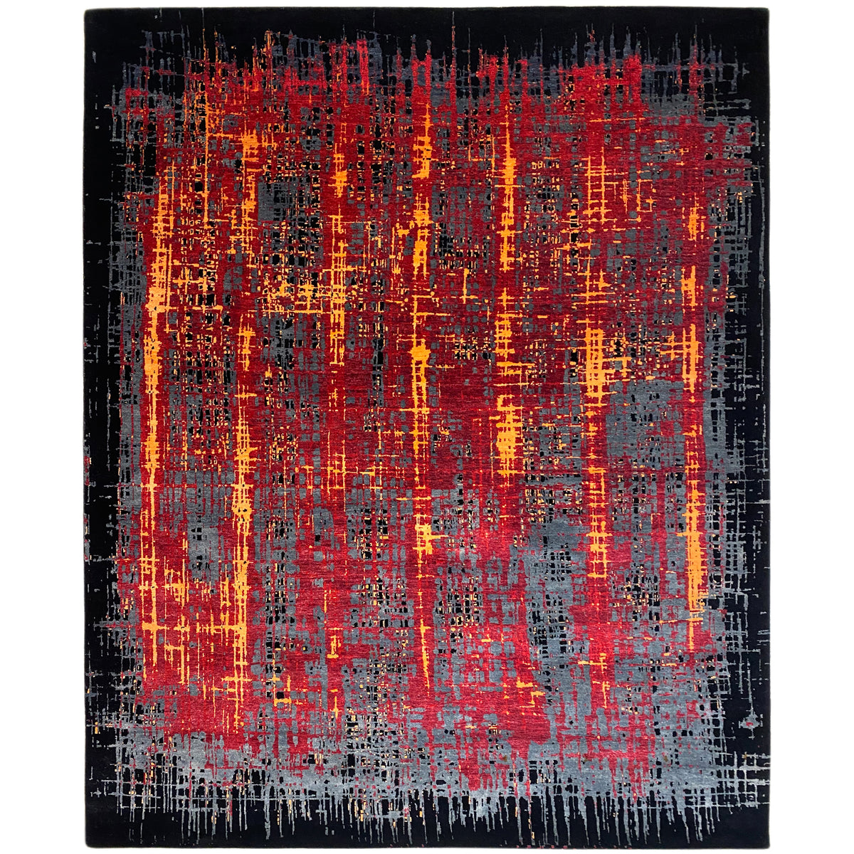 Moderner Teppich mit abstraktem Rasterdesign in Schwarz, Rot, Orange und Grau.