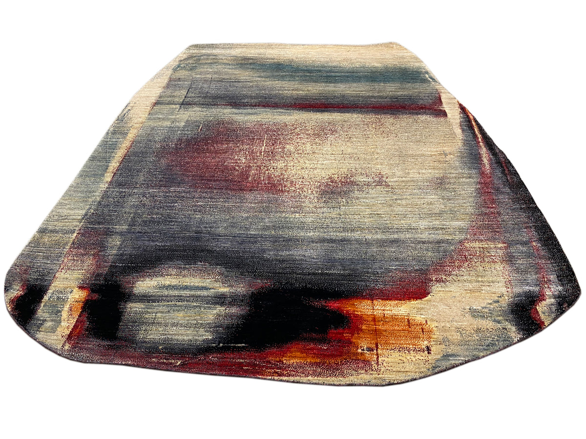 Moderner Teppich in Schalenform mit abstrakten Streifen in Grau, Beige und Rot, 297×242 cm