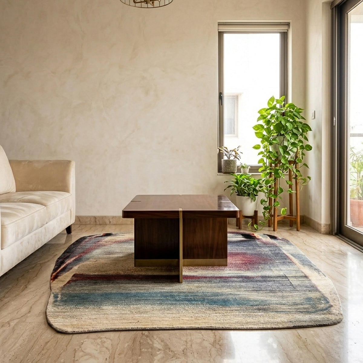 Moderner Teppich mit großflächigem abstraktem Muster in Grau, Beige und Rot, 297×242 cm