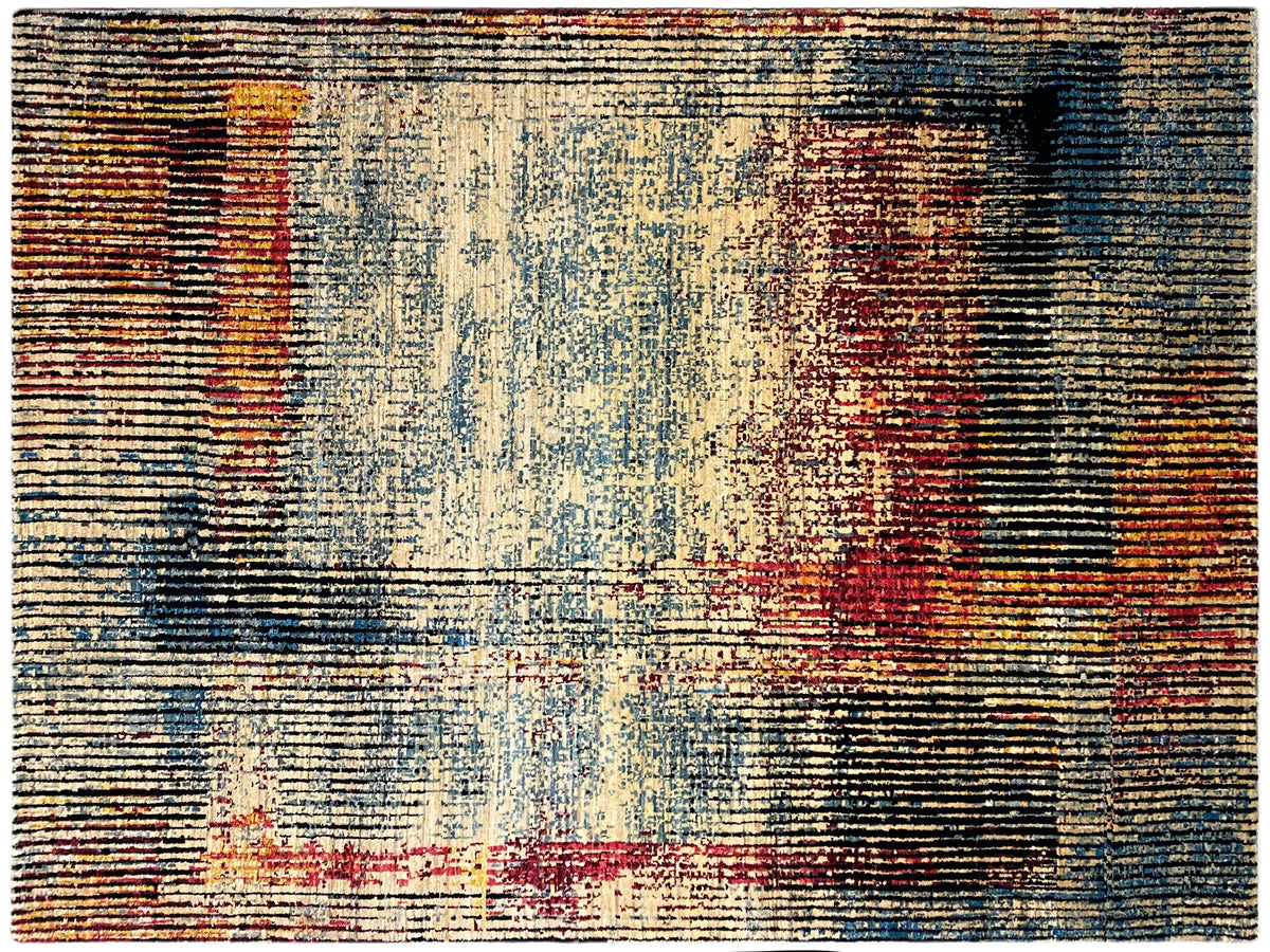 Moderner Teppich mit abstrakten Streifen und Patchwork-Feldern in Blau, Beige, Rot und Schwarz