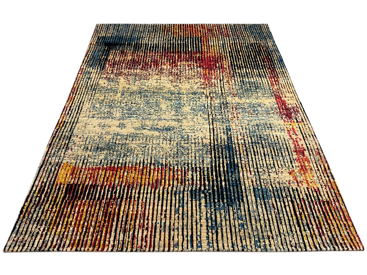 Moderner Teppich mit großflächigen Patchwork-Blöcken, Farben Blau, Beige, Rot und Schwarz