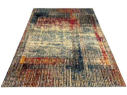 Moderner Teppich mit großflächigen Patchwork-Blöcken, Farben Blau, Beige, Rot und Schwarz