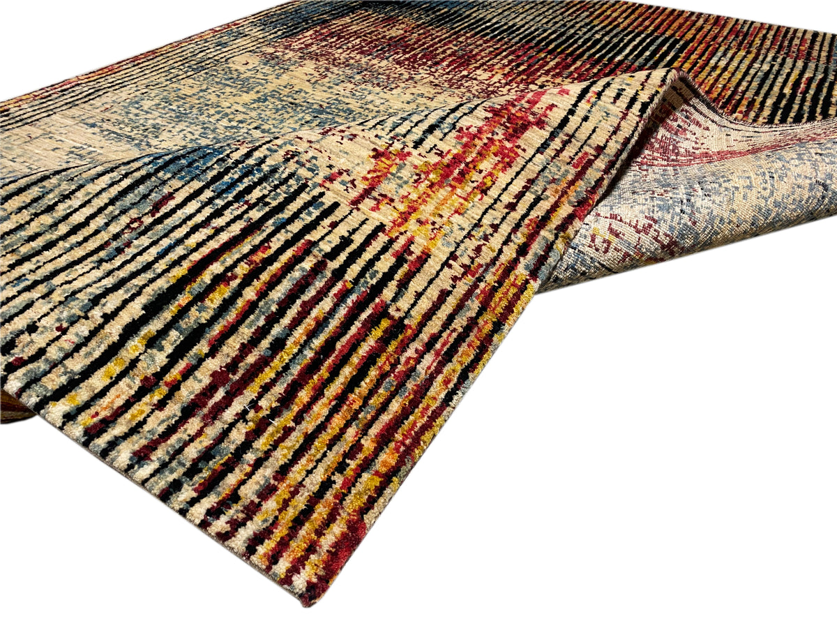 Moderner Teppich-Ecke mit Patchwork-Optik, Streifen und Farben Blau, Beige, Rot und Schwarz