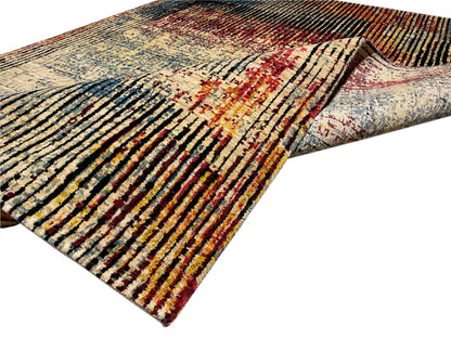 Moderner Teppich-Ecke mit Patchwork-Optik, Streifen und Farben Blau, Beige, Rot und Schwarz