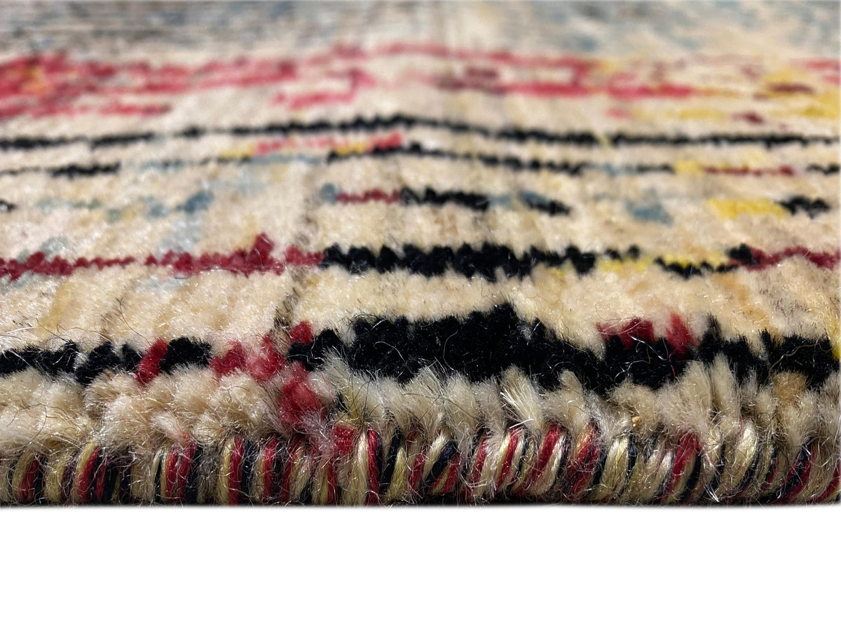 Moderner Teppich mit Fransen am Rand; multicolor Streifen und Patchwork in Blau, Beige, Rot