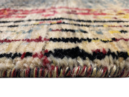 Moderner Teppich mit Fransen am Rand; multicolor Streifen und Patchwork in Blau, Beige, Rot