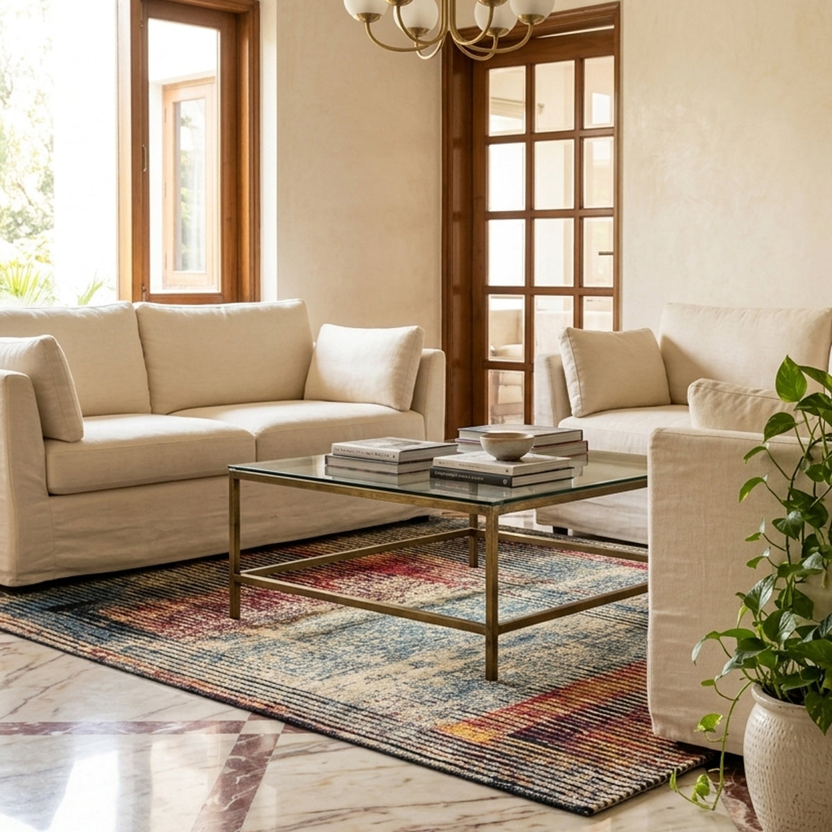 Moderner Teppich mit farbigem Patchwork- und Streifenmuster, sichtbarer Kantenabschluss
