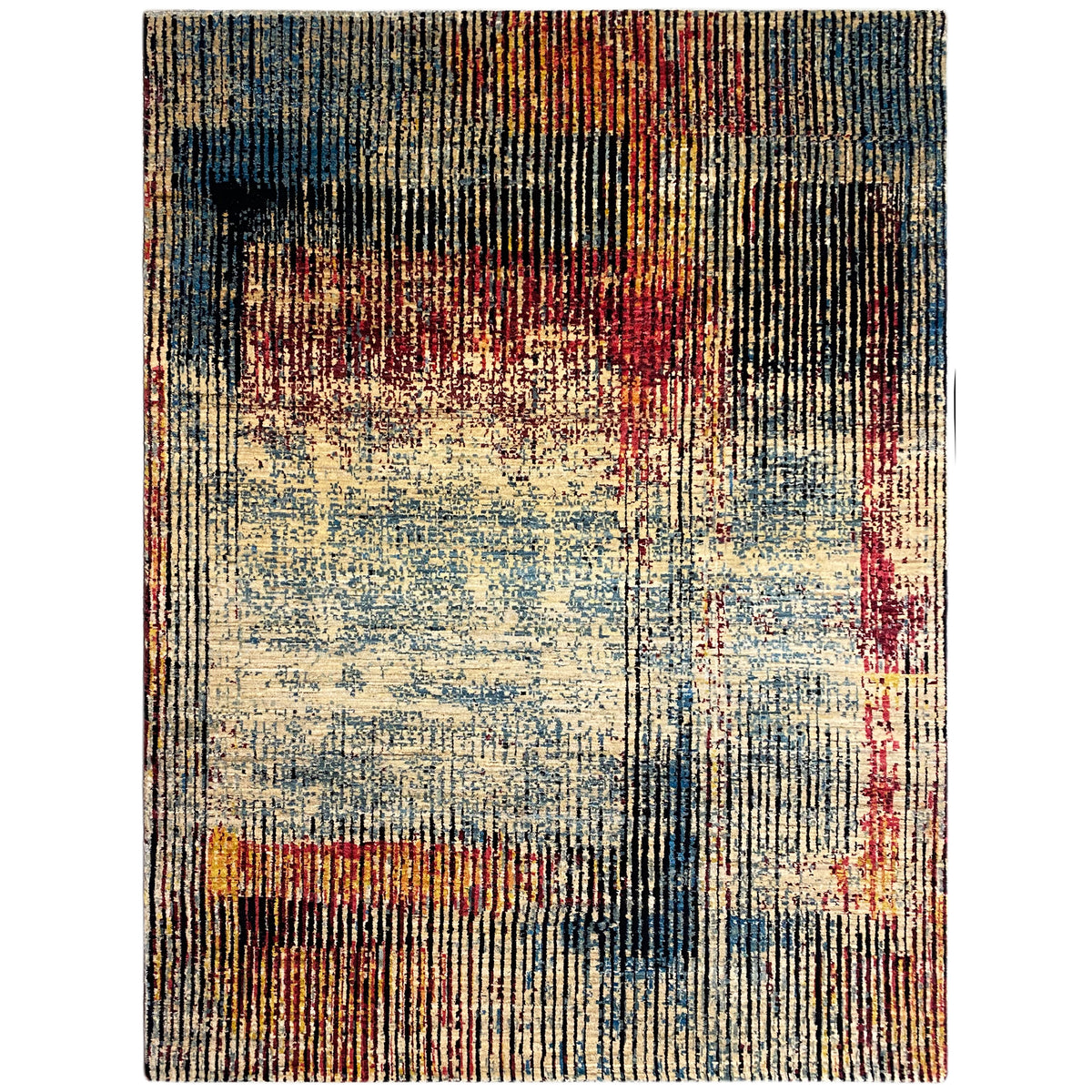 Moderner Teppich mit abstraktem Patchwork-Design in Blau, Beige, Rot und Schwarz