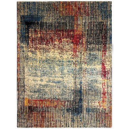 Moderner Teppich mit abstraktem Patchwork-Design in Blau, Beige, Rot und Schwarz