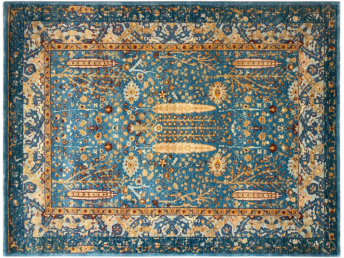 Teppich in Blau mit floralen Mustern, Mittelmedaillon und verzierter Rahmenbordüre