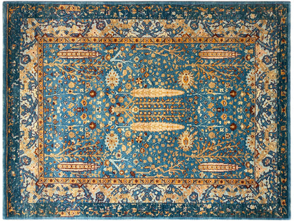 Teppich in Blau mit floralen Mustern, Mittelmedaillon und verzierter Rahmenbordüre