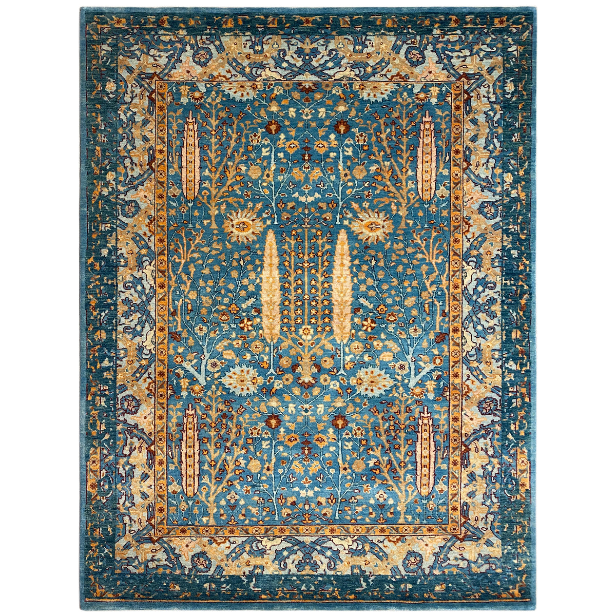 Rechteckiger Teppich mit symmetrischem blauem Kachel-Ornament und goldenen Akzenten
