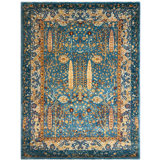 Rechteckiger Teppich mit symmetrischem blauem Kachel-Ornament und goldenen Akzenten