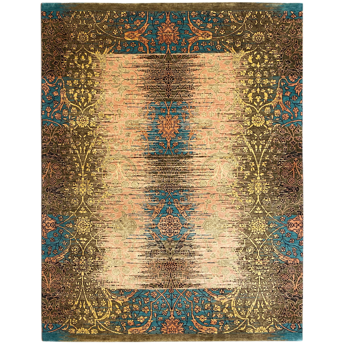 Moderner Teppich mit blau-gold-braunem Muster und floralen Ornamenten, rechteckig.