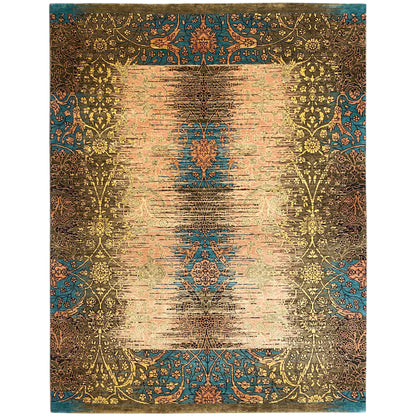 Moderner Teppich mit blau-gold-braunem Muster und floralen Ornamenten, rechteckig.
