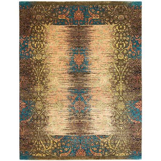 Moderner Teppich mit blau-gold-braunem Muster und floralen Ornamenten, rechteckig.