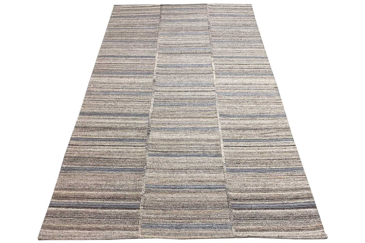 Kilim rug with diagonal stripe and checkered lines in gray, beige, and blue