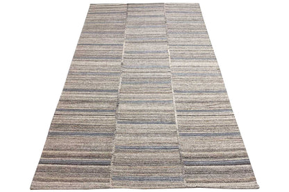 Kilim rug with diagonal stripe and checkered lines in gray, beige, and blue
