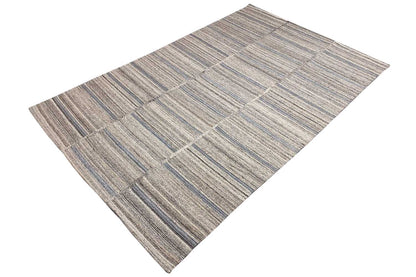 Kilim rug with geometric lines in gray, beige, and blue, diagonal