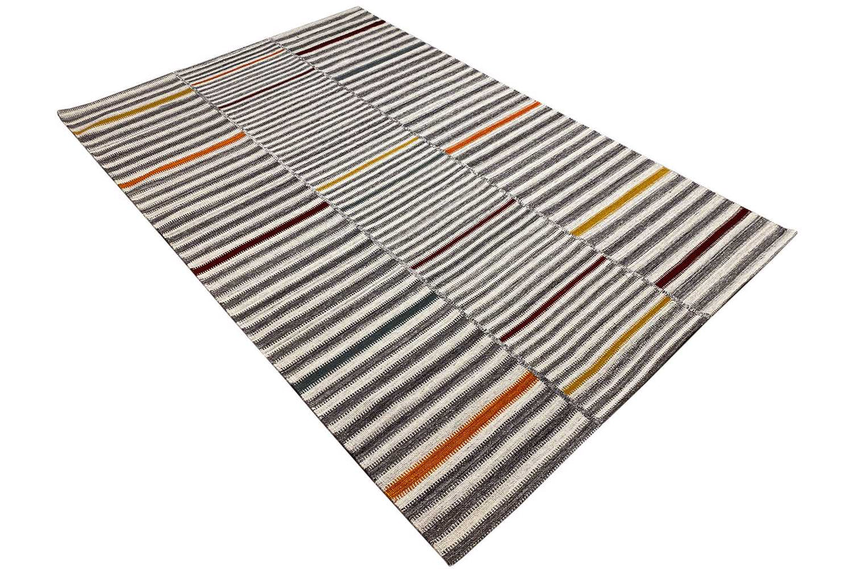 Kilim rug, folded diagonally, striped pattern in gray/beige with orange lines