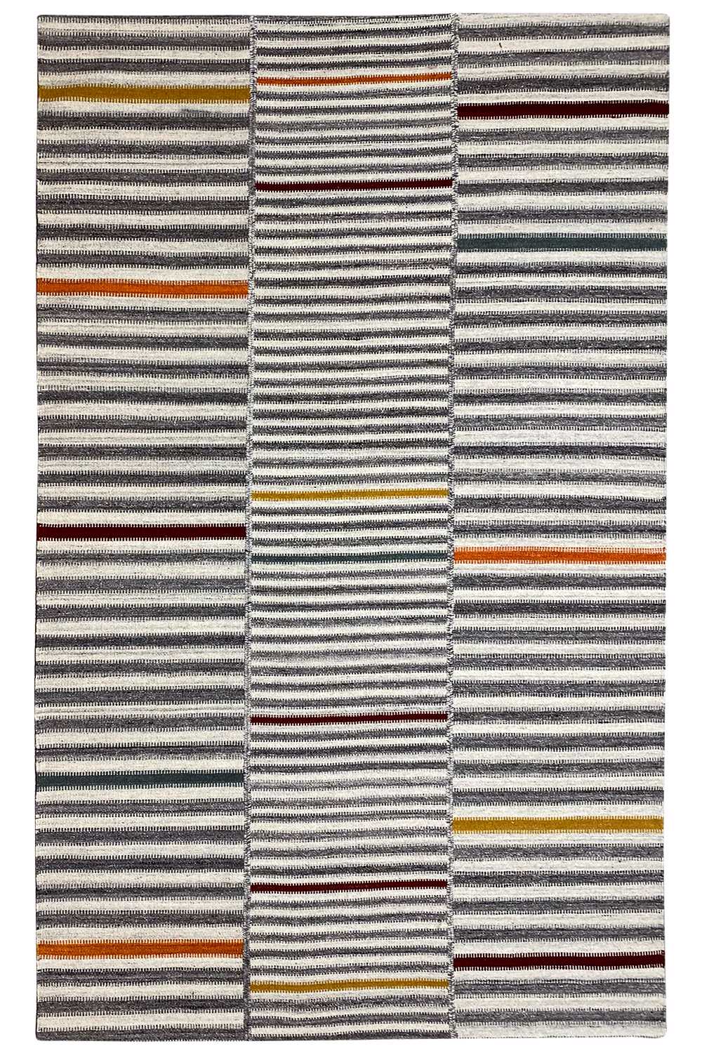 Kilim rug with a striped pattern in gray and beige, accents in orange and red