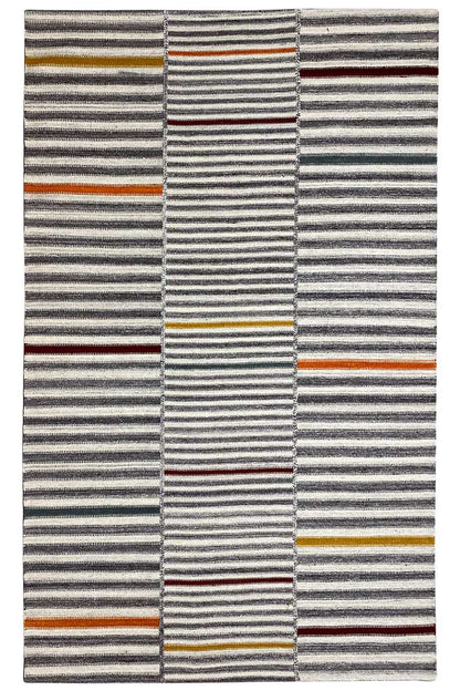 Kilim rug with a striped pattern in gray and beige, accents in orange and red