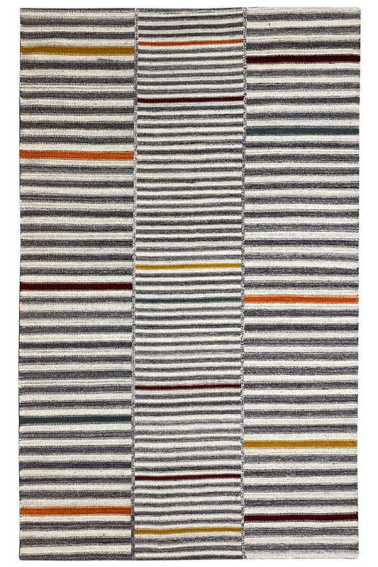 Kilim rug with a striped pattern in gray and beige, accents in orange and red