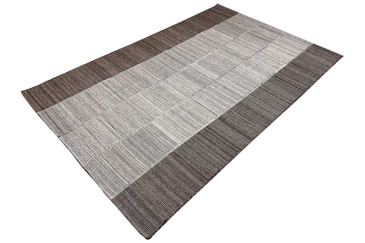 Kilim rug with a light gray central section and brown-gray horizontal stripes, rectangular