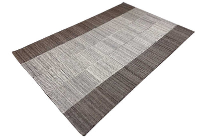 Kilim rug with a light gray central section and brown-gray horizontal stripes, rectangular