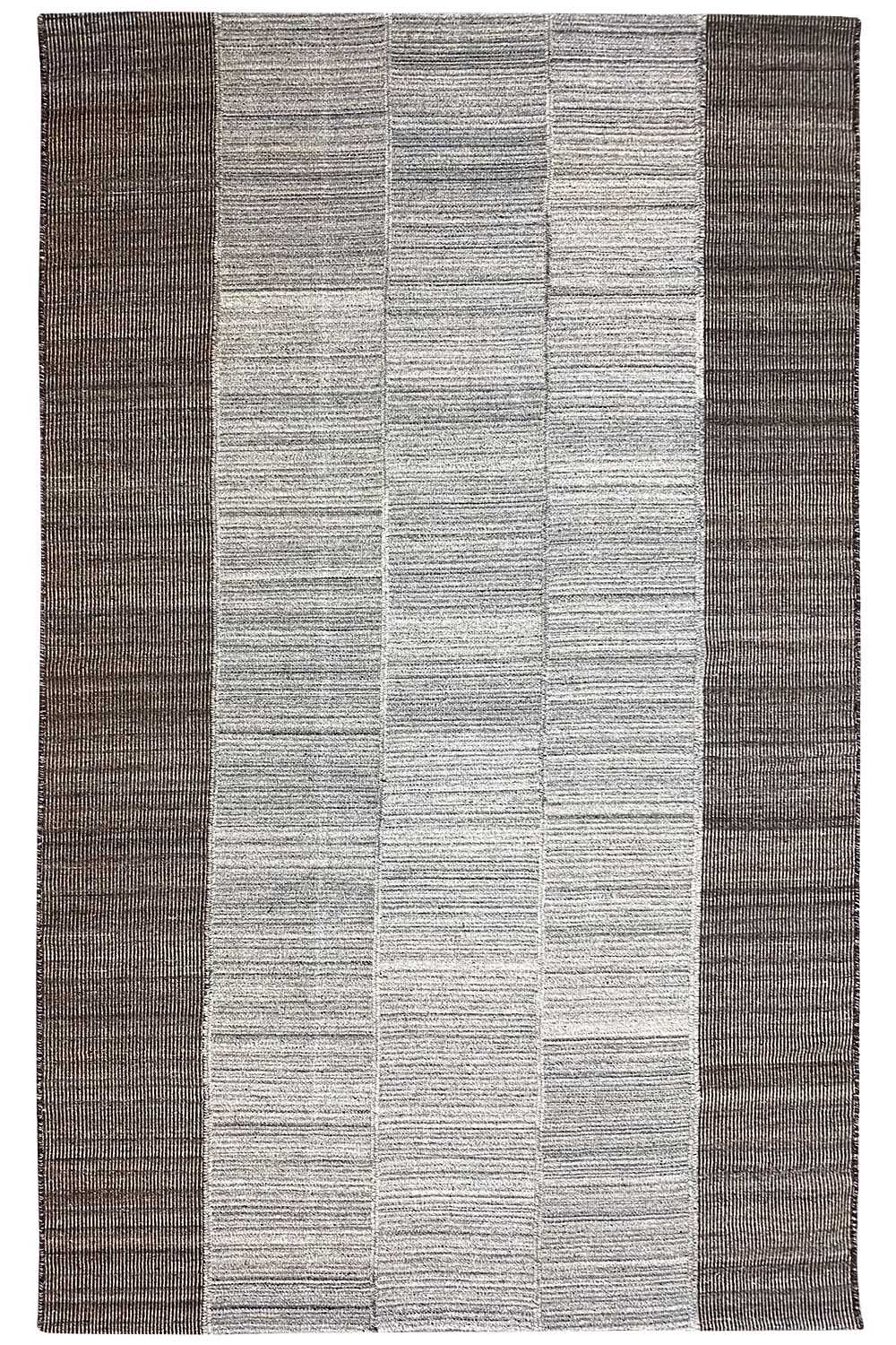 Modern kilim/dhurrie rug, brown-gray with a light-gray center stripe, rectangular