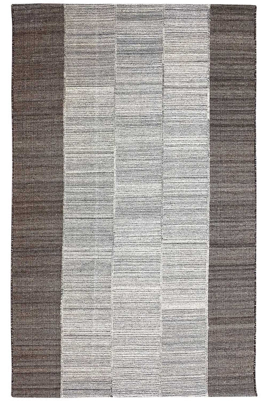Modern kilim/dhurrie rug, brown-gray with a light-gray center stripe, rectangular