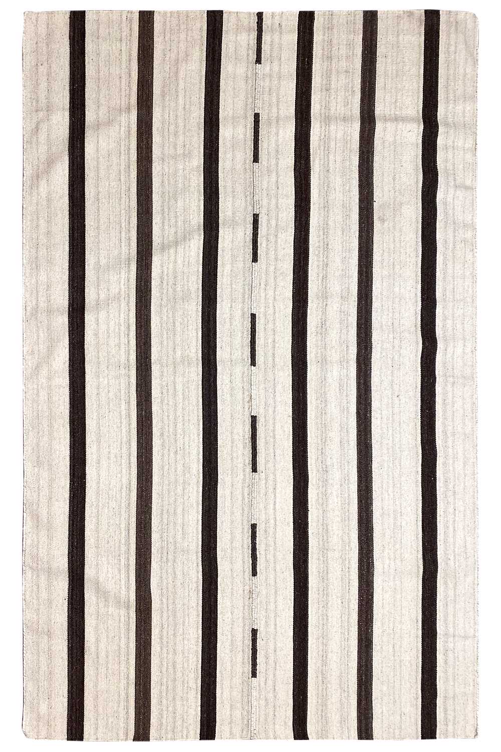Modern kilim rug with a light beige base and black stripes, rectangular.