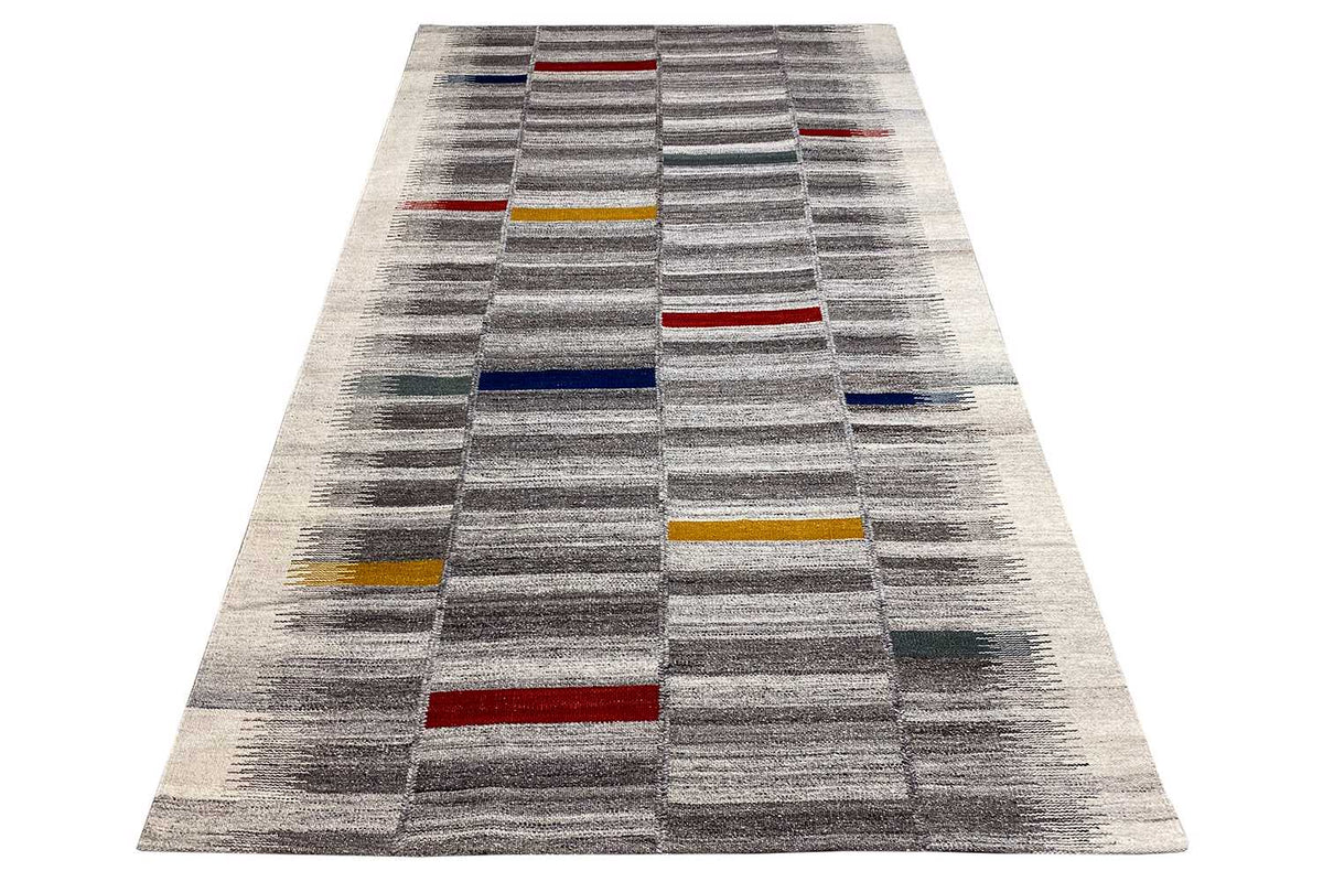 Modern kilim dhurrie 241x154 cm: gray rug with stripes and color accents (red/blue/yellow)