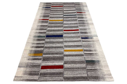 Modern kilim dhurrie 241x154 cm: gray rug with stripes and color accents (red/blue/yellow)