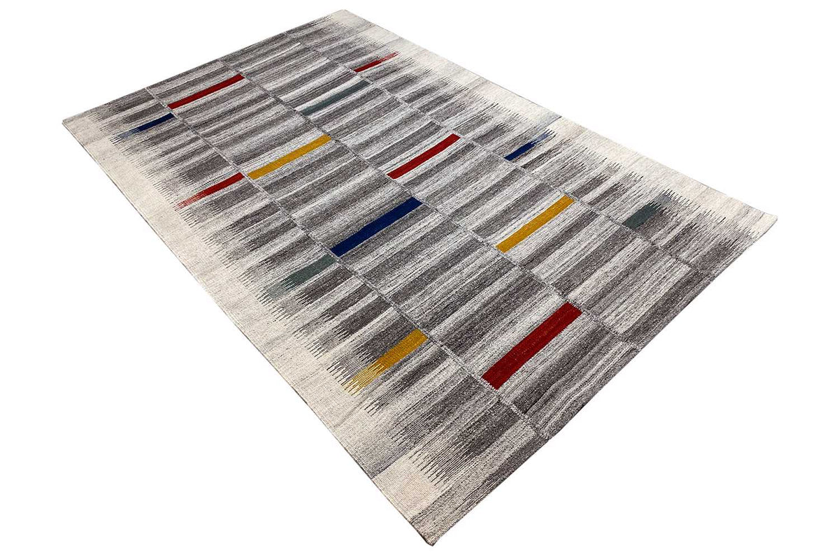 Modern kilim dhurrie 241x154 cm: gray kilim with geometric stripes and color marks