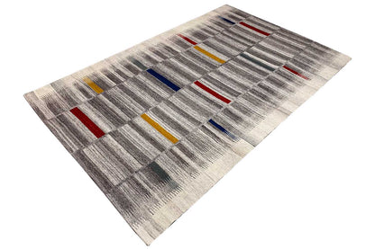 Modern kilim dhurrie 241x154 cm: gray rug with a diagonal pattern and red and blue accents