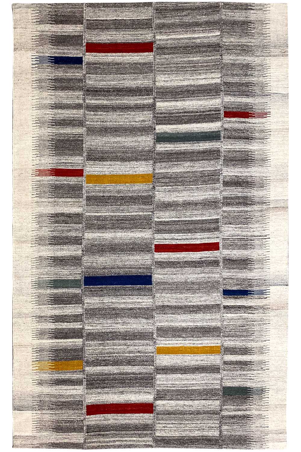 Modern kilim dhurrie 241x154 cm: gray rectangular rug with colorful lines