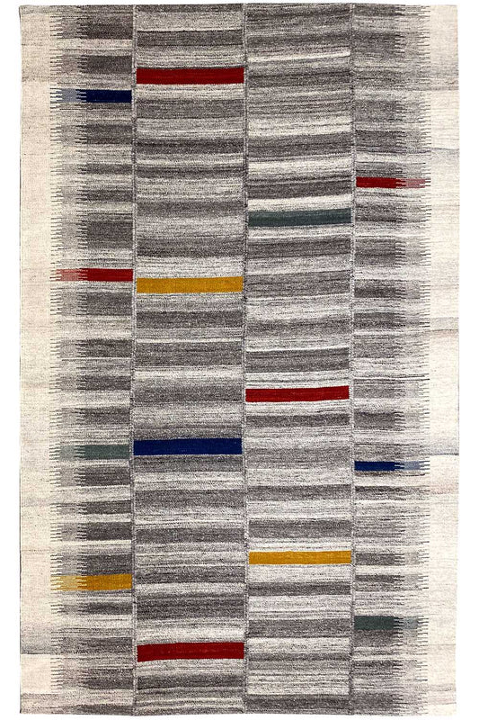 Modern kilim dhurrie 241x154 cm: gray rectangular rug with colorful lines