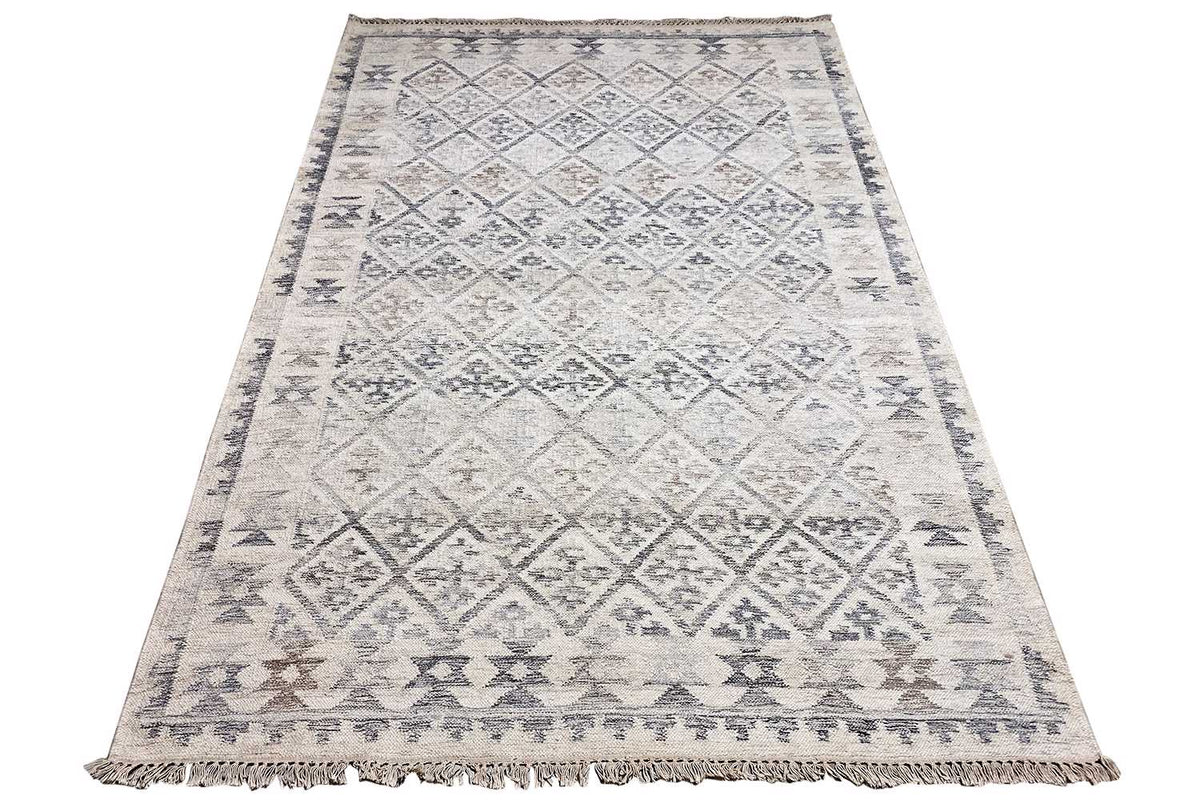 Kilim rug, spread out flat: light beige with blue-gray linear and ornamental patterns