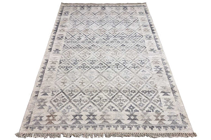 Kilim rug, spread out flat: light beige with blue-gray linear and ornamental patterns