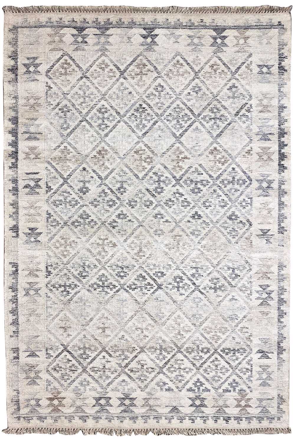 Modern kilim rug with a geometric pattern, light beige field and blue-gray motifs