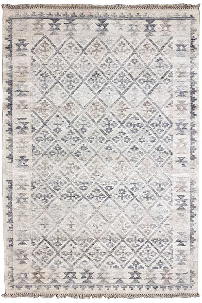 Modern kilim rug with a geometric pattern, light beige field and blue-gray motifs